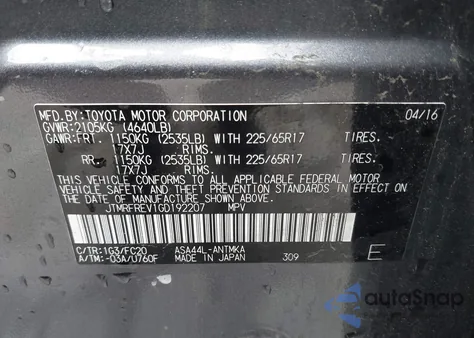 2016 Toyota Rav4 Xle from USA, damaged, VIN JTMRFREV1GD192207